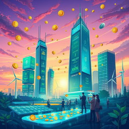 A vibrant and dynamic illustration of a future world economy powered by cryptocurrency