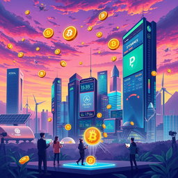 A vibrant and dynamic illustration of a future world economy powered by cryptocurrency