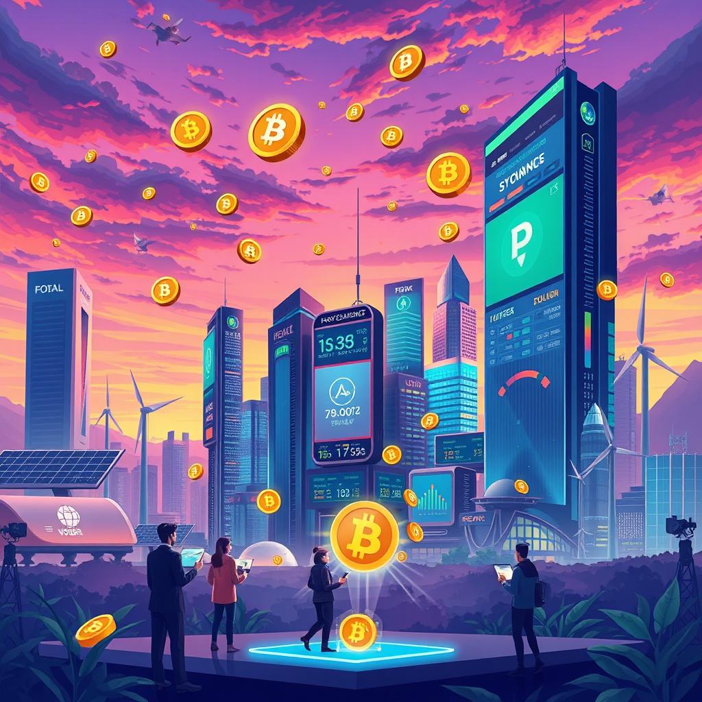 A vibrant and dynamic illustration of a future world economy powered by cryptocurrency