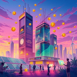 A vibrant and dynamic illustration of a future world economy powered by cryptocurrency