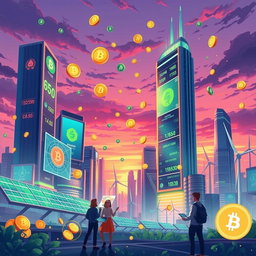 A vibrant and dynamic illustration of a future world economy powered by cryptocurrency