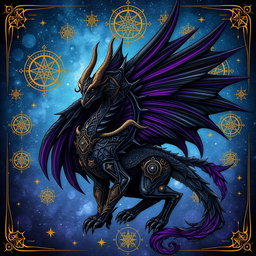 An intricate mythical winged creature in a dark fantasy style, featuring large black and purple feathered wings
