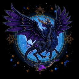 An intricate mythical winged creature in a dark fantasy style, featuring large black and purple feathered wings