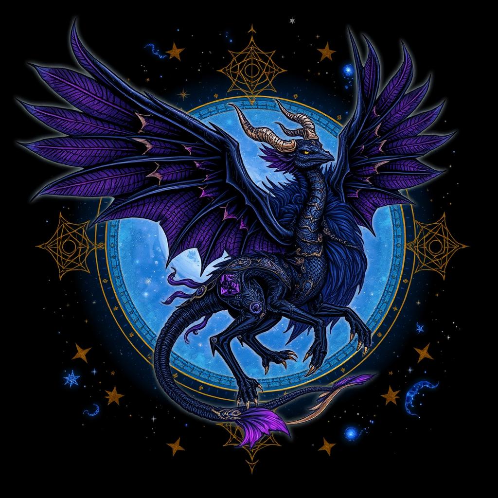 An intricate mythical winged creature in a dark fantasy style, featuring large black and purple feathered wings
