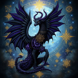 An intricate mythical winged creature in a dark fantasy style, featuring large black and purple feathered wings