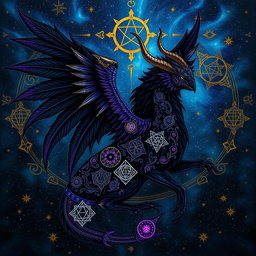 An intricate mythical winged creature in a dark fantasy style, featuring large black and purple feathered wings
