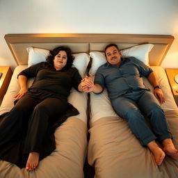 A 40-year-old man and a 40-year-old woman with large breasts and black hair lying in a hotel room on separate single beds