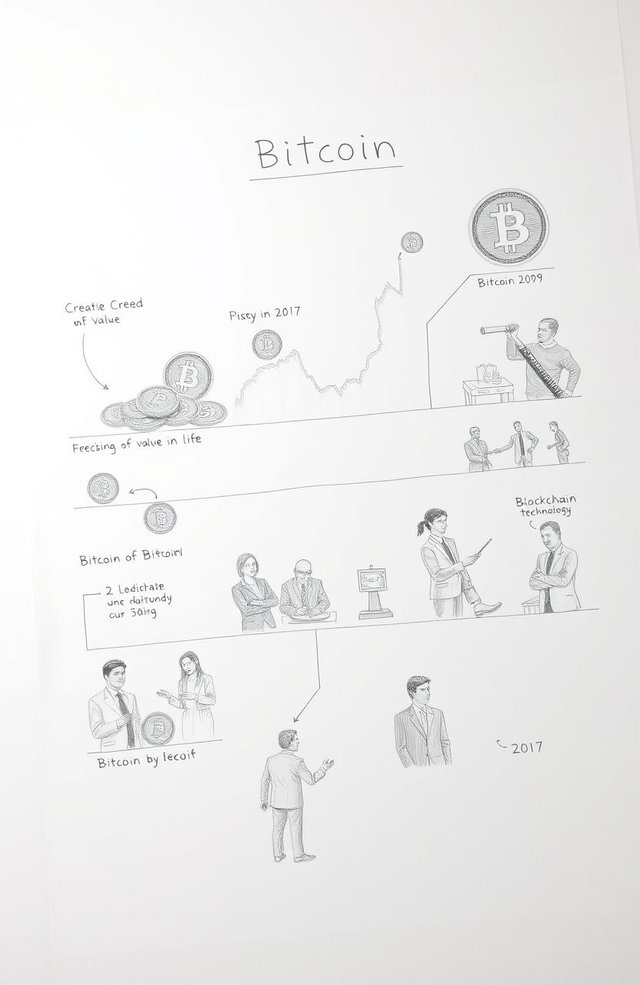 A detailed pencil drawing illustrating the history of Bitcoin with key milestones represented visually