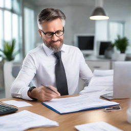 The same professional, friendly mortgage broker from the previous request, but with Caucasian ethnicity, shuffling through paperwork in his modern office.