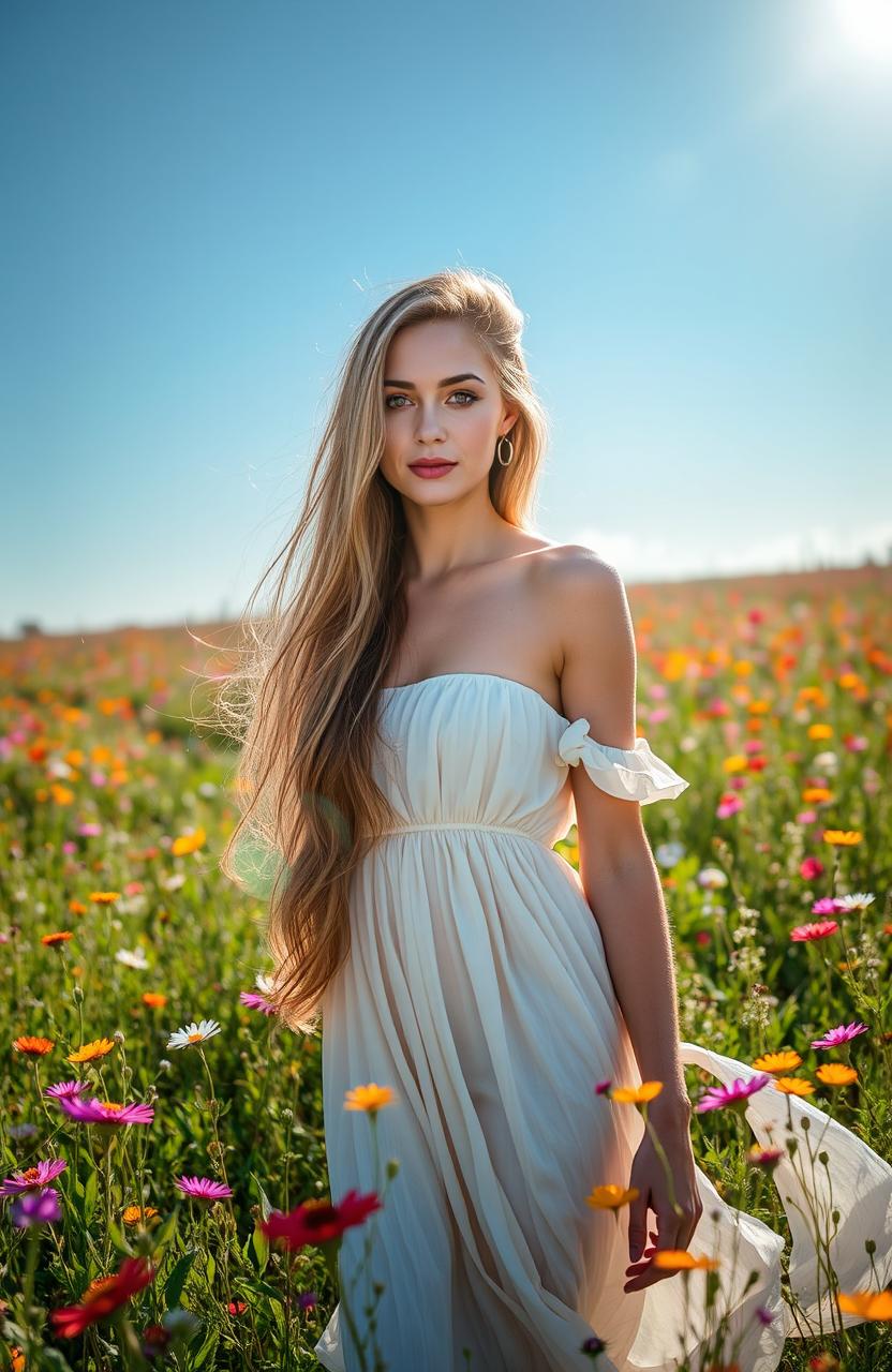 A stunningly beautiful woman with long flowing hair, standing in a flower-filled meadow, her serene expression embodying grace and elegance