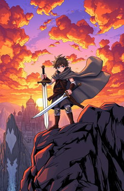A colorful and dynamic manga scene depicting a heroic young warrior standing valiantly on a rocky cliff, a flowing cape billowing behind them