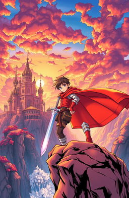 A colorful and dynamic manga scene depicting a heroic young warrior standing valiantly on a rocky cliff, a flowing cape billowing behind them