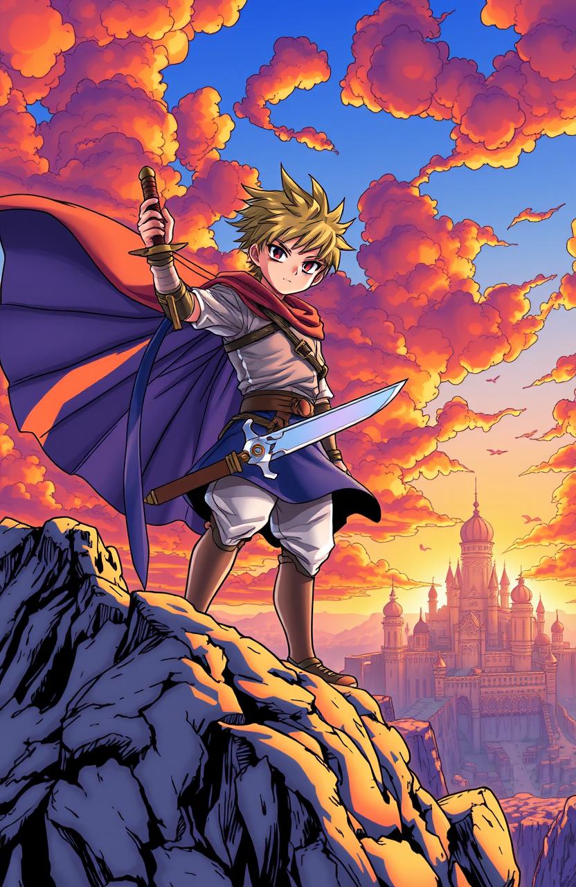 A colorful and dynamic manga scene depicting a heroic young warrior standing valiantly on a rocky cliff, a flowing cape billowing behind them