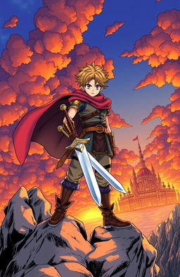 A colorful and dynamic manga scene depicting a heroic young warrior standing valiantly on a rocky cliff, a flowing cape billowing behind them