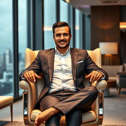 A confident man seated in an elegant, modern office chair, exuding an aura of power and authority reminiscent of a goddess CEO