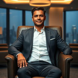 A confident man seated in an elegant, modern office chair, exuding an aura of power and authority reminiscent of a goddess CEO