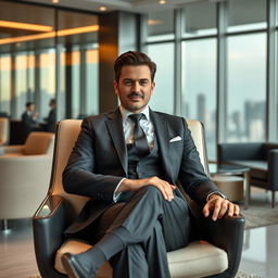 A confident man seated in an elegant, modern office chair, exuding an aura of power and authority reminiscent of a goddess CEO