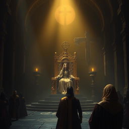 A grand and mysterious chamber dimly lit with shadowy corners, featuring a large golden throne encrusted with sparkling jewels at the center