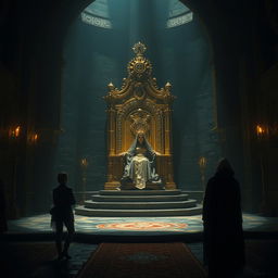 A grand and mysterious chamber dimly lit with shadowy corners, featuring a large golden throne encrusted with sparkling jewels at the center