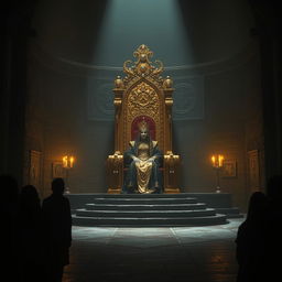 A grand and mysterious chamber dimly lit with shadowy corners, featuring a large golden throne encrusted with sparkling jewels at the center
