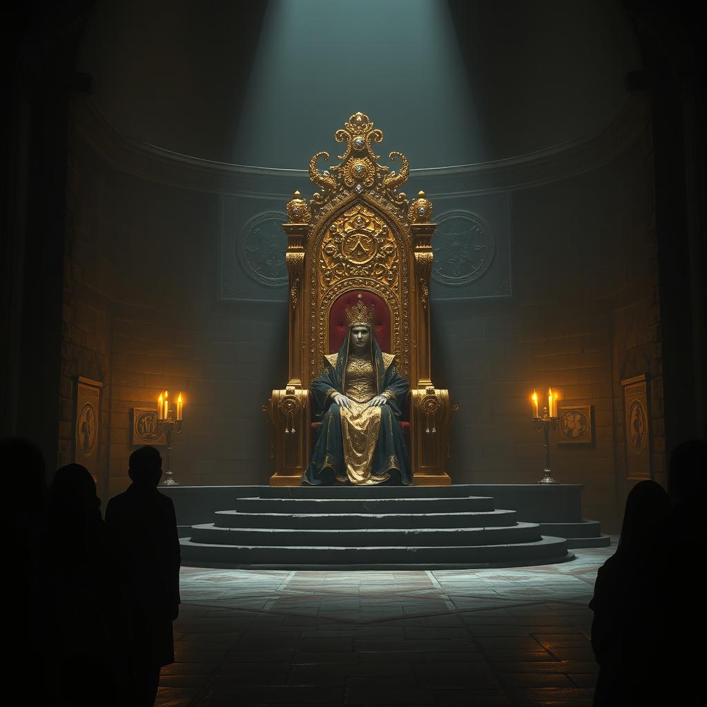 A grand and mysterious chamber dimly lit with shadowy corners, featuring a large golden throne encrusted with sparkling jewels at the center
