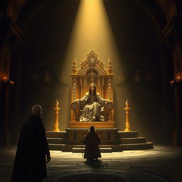 A grand and mysterious chamber dimly lit with shadowy corners, featuring a large golden throne encrusted with sparkling jewels at the center