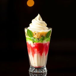 A beautifully arranged faluda drink in a tall glass, featuring colorful layers of vermicelli, basil seeds, and rose syrup topped with a generous scoop of creamy vanilla ice cream