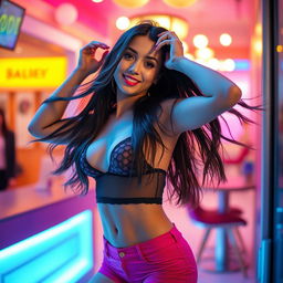 A seductive young woman playfully posing in a stylish outfit, showcasing her confidence and allure