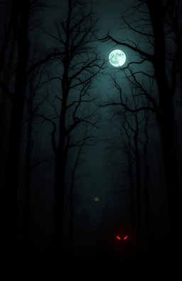 A dark, eerie forest shrouded in mist during the night
