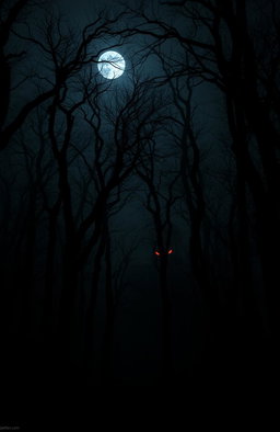 A dark, eerie forest shrouded in mist during the night