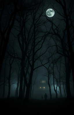 A dark, eerie forest shrouded in mist during the night