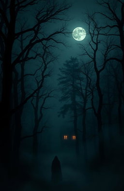 A dark, eerie forest shrouded in mist during the night