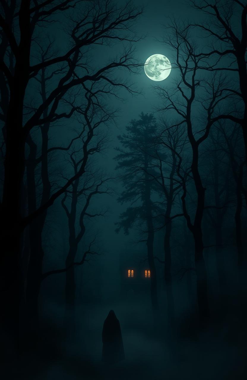 A dark, eerie forest shrouded in mist during the night