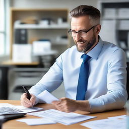 The same professional, friendly mortgage broker from the previous request, but with Caucasian ethnicity, shuffling through paperwork in his modern office.