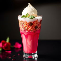 A stunning rose faluda drink presented in a tall glass, showcasing vibrant layers of rose syrup, colorful vermicelli, and basil seeds, all perfectly topped with a scoop of rich vanilla ice cream