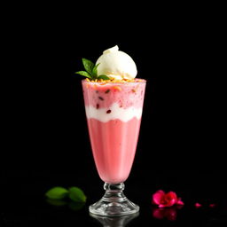 A stunning rose faluda drink presented in a tall glass, showcasing vibrant layers of rose syrup, colorful vermicelli, and basil seeds, all perfectly topped with a scoop of rich vanilla ice cream