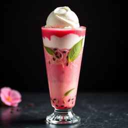 A stunning rose faluda drink presented in a tall glass, showcasing vibrant layers of rose syrup, colorful vermicelli, and basil seeds, all perfectly topped with a scoop of rich vanilla ice cream