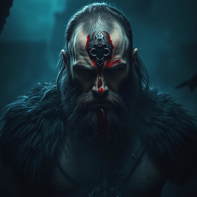 A chilling scene featuring a rugged Beardo warrior with a deep, bloody wound in the center of their forehead