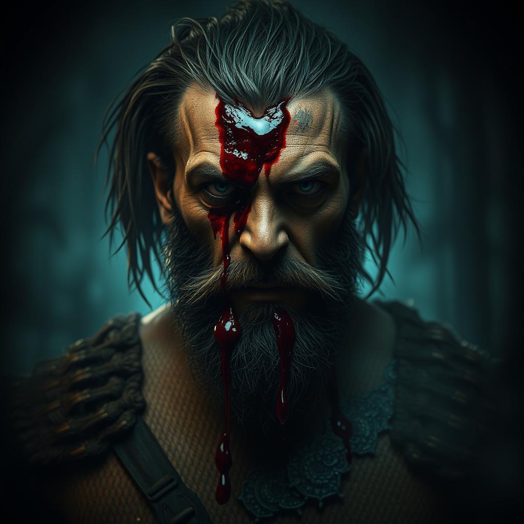 A chilling scene featuring a rugged Beardo warrior with a deep, bloody wound in the center of their forehead