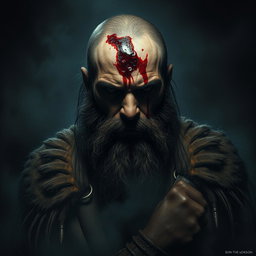 A chilling scene featuring a rugged Beardo warrior with a deep, bloody wound in the center of their forehead