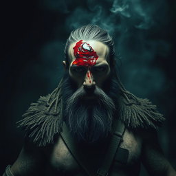 A chilling scene featuring a rugged Beardo warrior with a deep, bloody wound in the center of their forehead