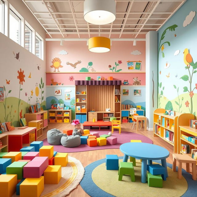 A beautifully designed daycare playroom featuring vibrant colors and inviting spaces for children to explore