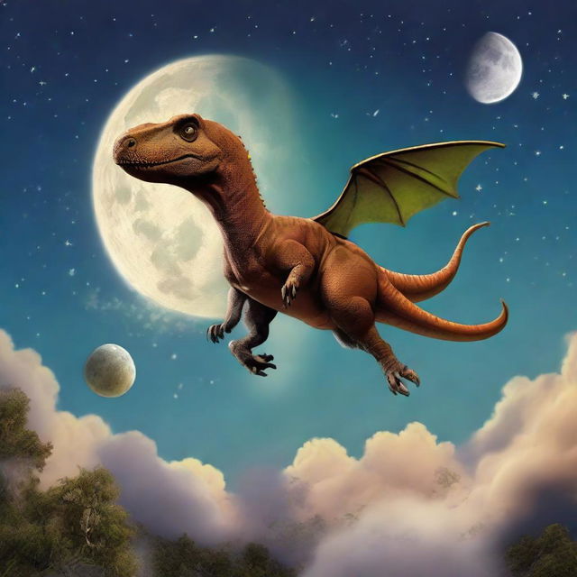 A playful image of a dinosaur joyously riding a broomstick, soaring above Earth's atmosphere with the stunning moon in the background.