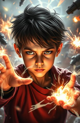 A young boy with magical powers, surrounded by a dynamic and intense action-filled background