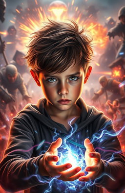 A young boy with magical powers, surrounded by a dynamic and intense action-filled background