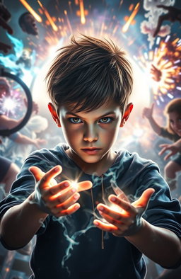 A young boy with magical powers, surrounded by a dynamic and intense action-filled background