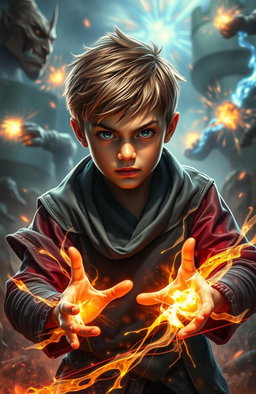 A young boy with magical powers, surrounded by a dynamic and intense action-filled background
