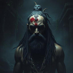 A chilling scene featuring a Beardo warrior Ashwatthama with a deep, fresh, dark wound on the center of his forehead, from which blood endlessly drips