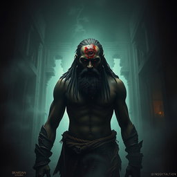 A chilling scene featuring a Beardo warrior Ashwatthama with a deep, fresh, dark wound on the center of his forehead, from which blood endlessly drips