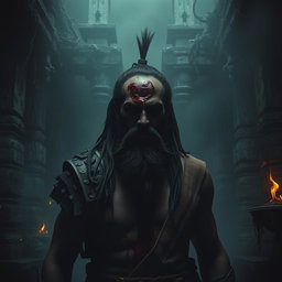 A chilling scene featuring a Beardo warrior Ashwatthama with a deep, fresh, dark wound on the center of his forehead, from which blood endlessly drips